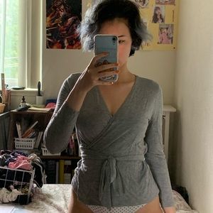 J crew light gray 3/4 sleeve wrap top.